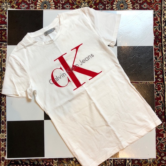 white t shirt red writing